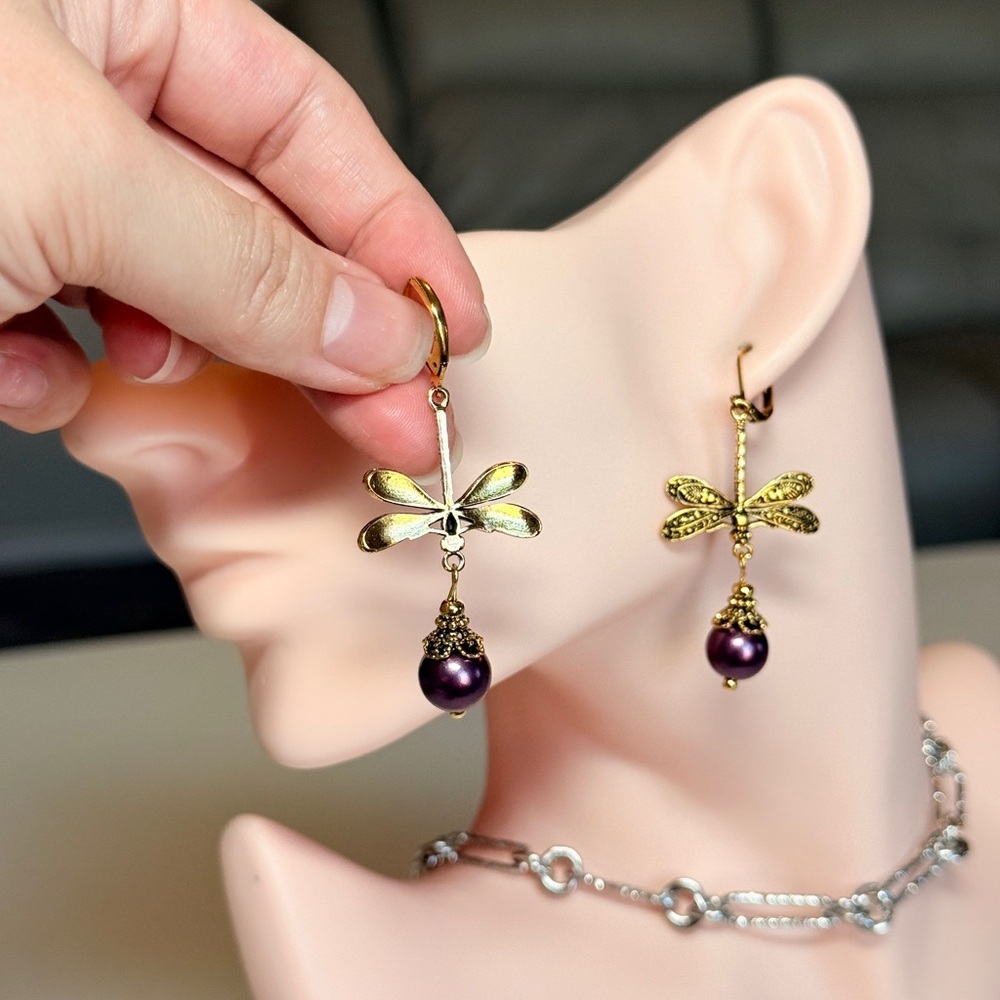Gold Dragonfly Earrings with Purple Pearls - Picture 8 of 10